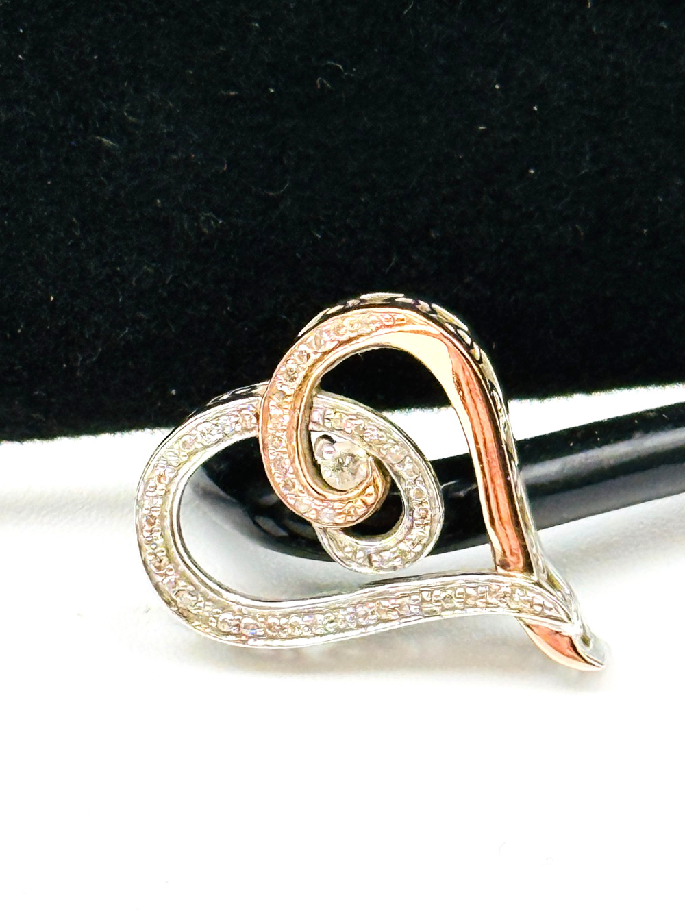 Sterling Silver 925 Genuine Diamond Open Love Heart Pendant 2-Tone Filigree Edge